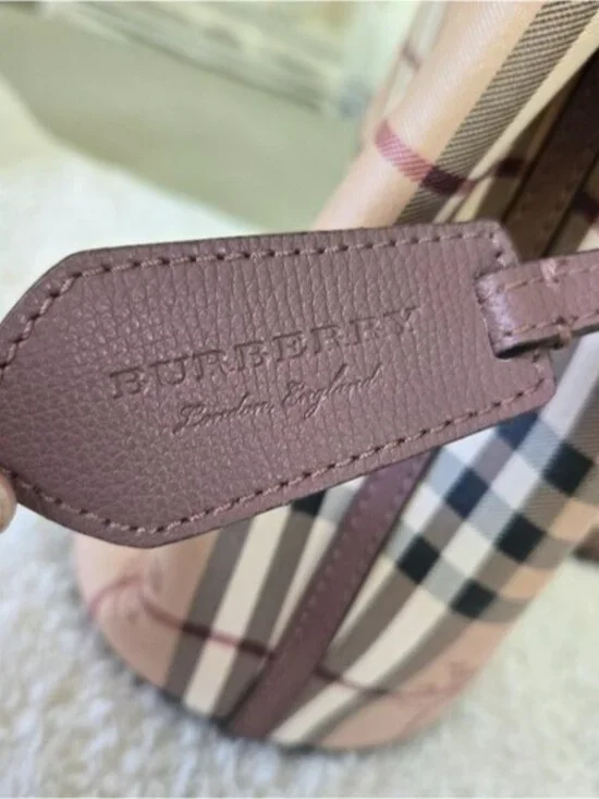 Burberry Haymarket Check Lorne Bucket Crossbody- Light Elderberry - Picture 9 of 11